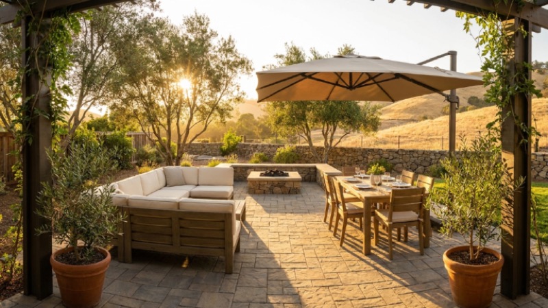 finished paver patio and outdoor living space in Concord, CA at golden hour