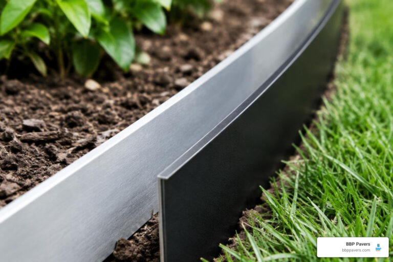 Close up of mill finish and anodized black aluminium landscape borders