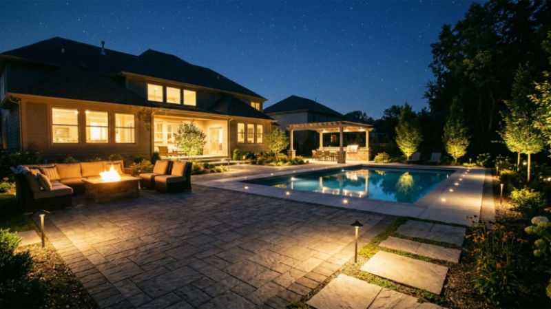 finished backyard patio and pool deck with layered evening lighting