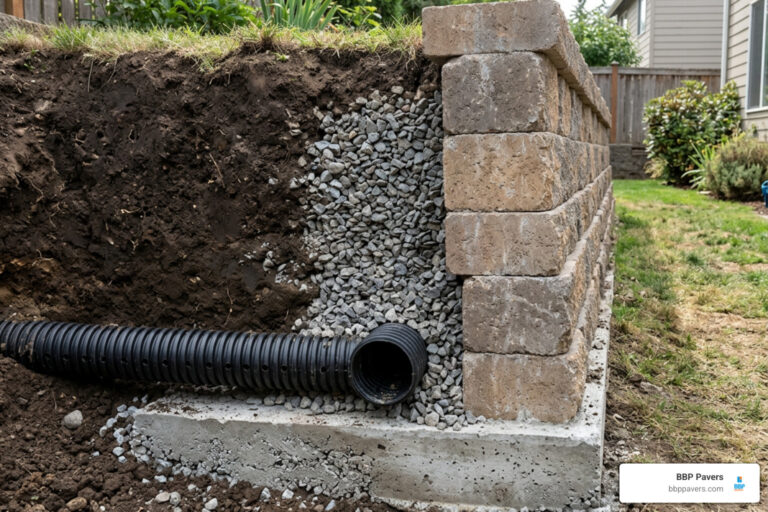 Retaining wall drainage pipe and gravel backfill cross section