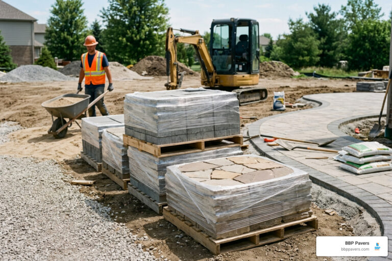 palletized stone and concrete pavers on site