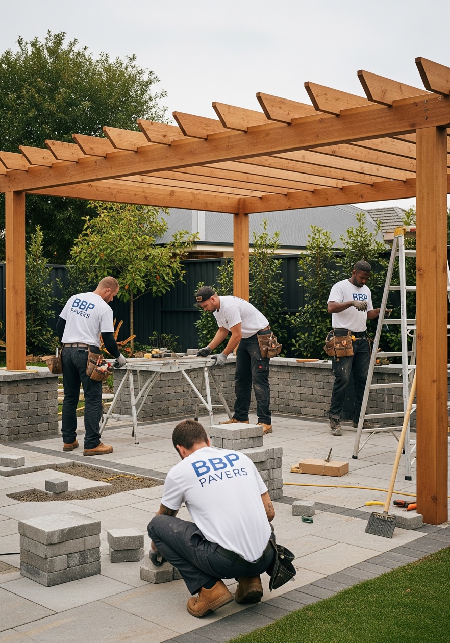 BBP Pavers crew installing pavers under a pergola