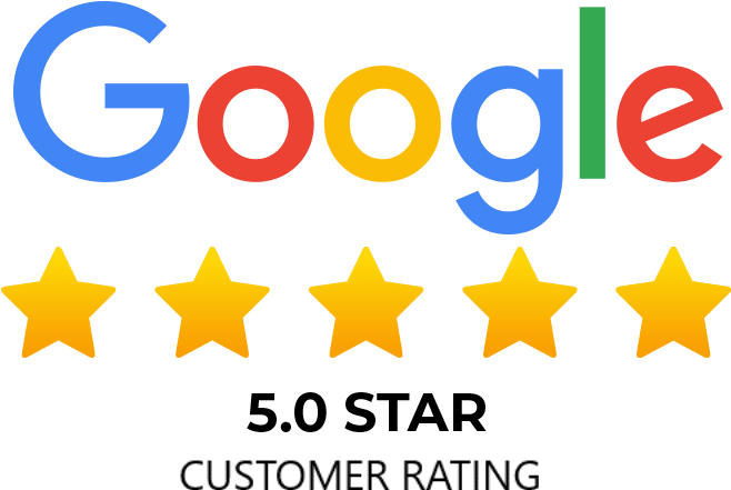 Google logo with five yellow stars beneath it, indicating a 5.0-star customer rating.