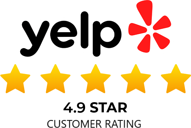 Yelp logo with five yellow stars beneath it, indicating a 4.9-star customer rating.
