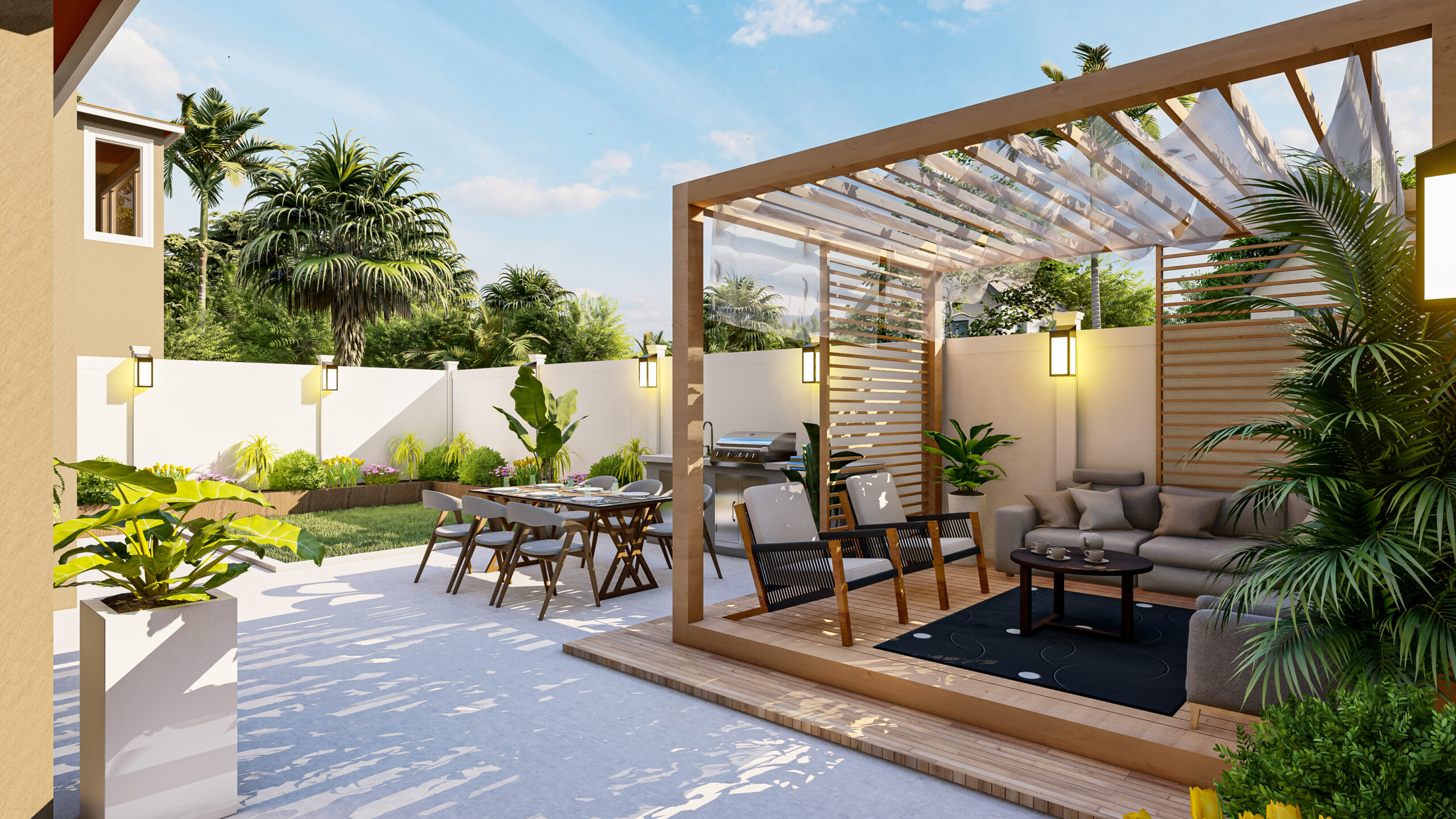 Modern small backyard with wooden pergola dining area, 3D design with high-quality rendering, featuring outdoor furniture, a grill, and lush landscaping.