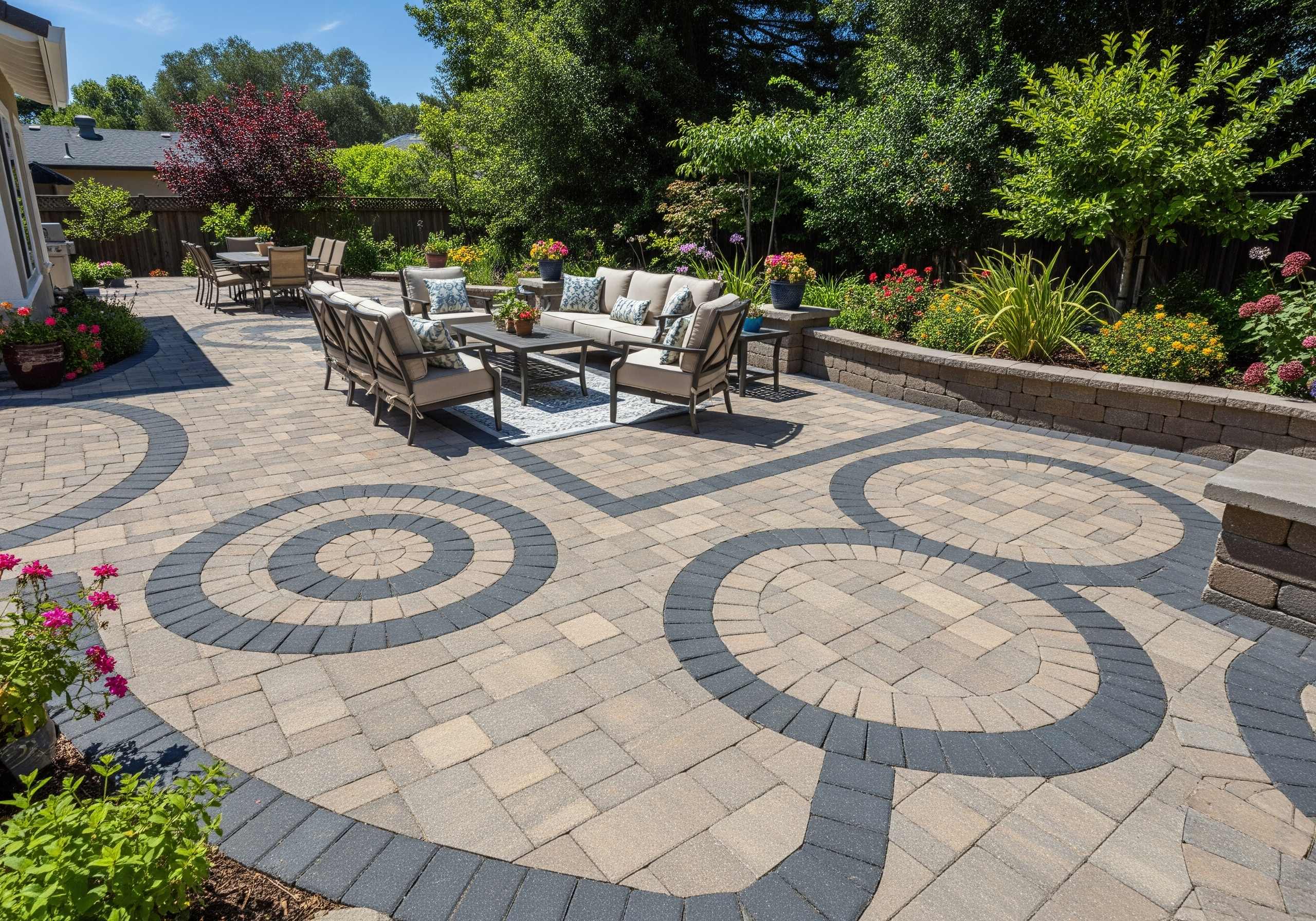 Paver patio with various patterns, a beautiful example of patio pavers in Concord, CA.