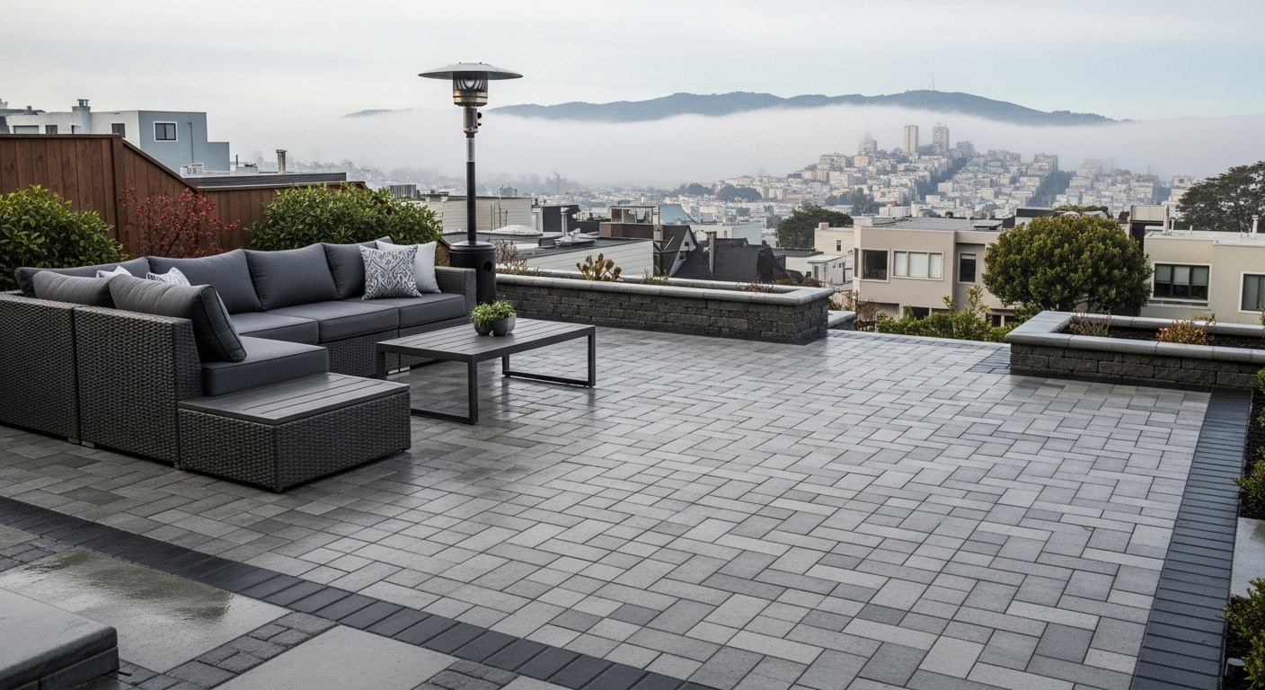 San Francisco patio pavers designed for local climate, textured concrete pavers for slip resistance, morning fog rolling over hills in background, outdoor heater and weather-resistant furniture, realistic atmospheric conditions, professional hardscaping, Bay Area residential architecture