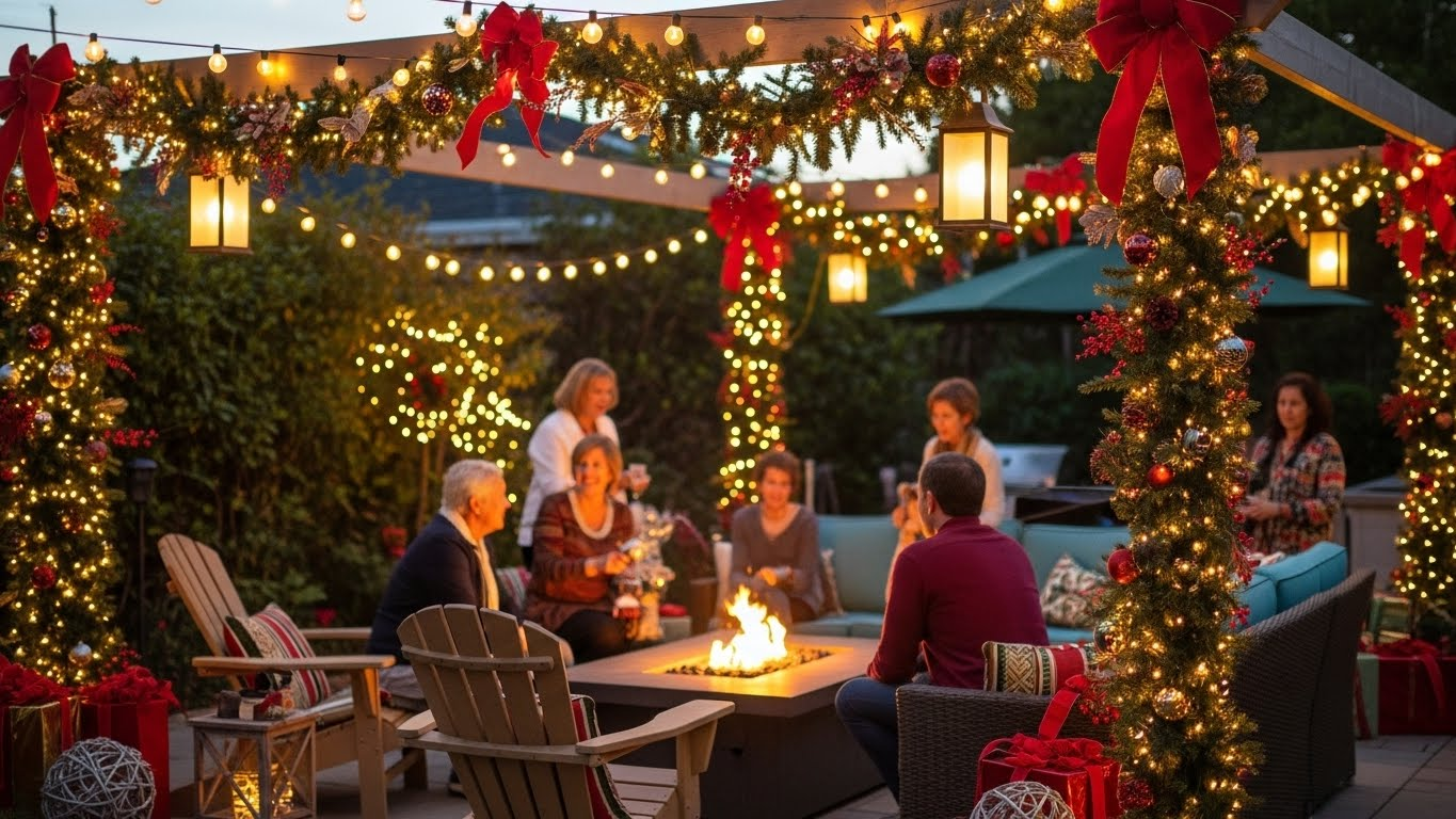 "Festive holiday-decorated outdoor entertaining space in Bay Area, string lights and lanterns creating warm ambiance, fire pit with guests gathered, decorated with holiday garland and festive elements, evening lighting, comfortable seating arrangements, family gathering scene, warm and inviting atmosphere, realistic holiday entertaining photography."