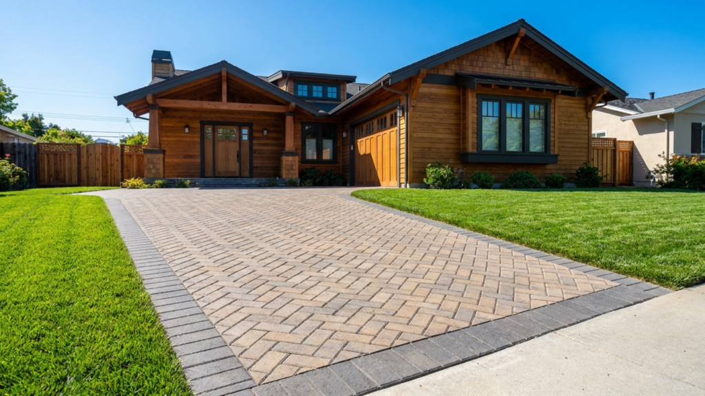 Finished paver driveway installation in front of a modern home in the Bay Area, California