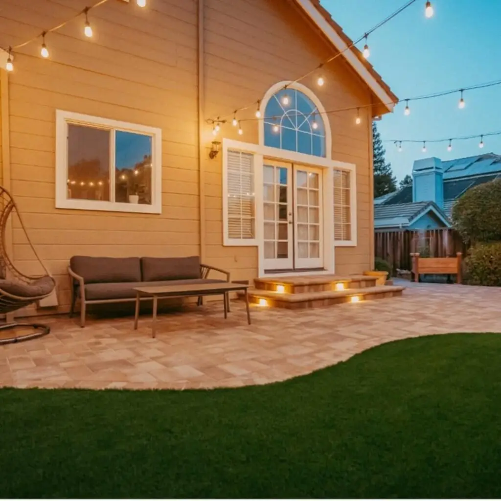 Cozy backyard patio with beige herringbone pavers and turf, outdoor sofa, illuminated wooden steps leading to white French doors, and overhead string lights against a dusk sky, complementing a beige house exterior.
