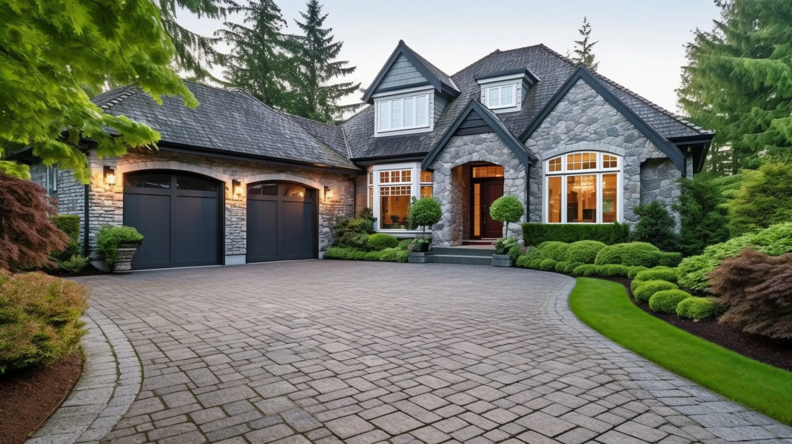 Luxurious detached house with stone facade, arched dark garage doors, cobblestone driveway, and manicured garden with shrubs and trees at twilight.