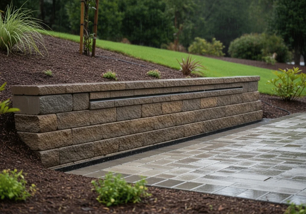 A professional photograph of a residential property in Concord, CA, after a rain shower. The image shows a sturdy retaining wall at the base of a gentle slope, with a discreet drainage pipe or trench drain visible. The wall has successfully prevented soil from washing onto a clean paver walkway or patio below. The scene demonstrates the wall's functional benefit of managing water runoff and preventing erosion. The lighting is soft and diffused, with water droplets on the pavers and plants, adding to the realistic feel.