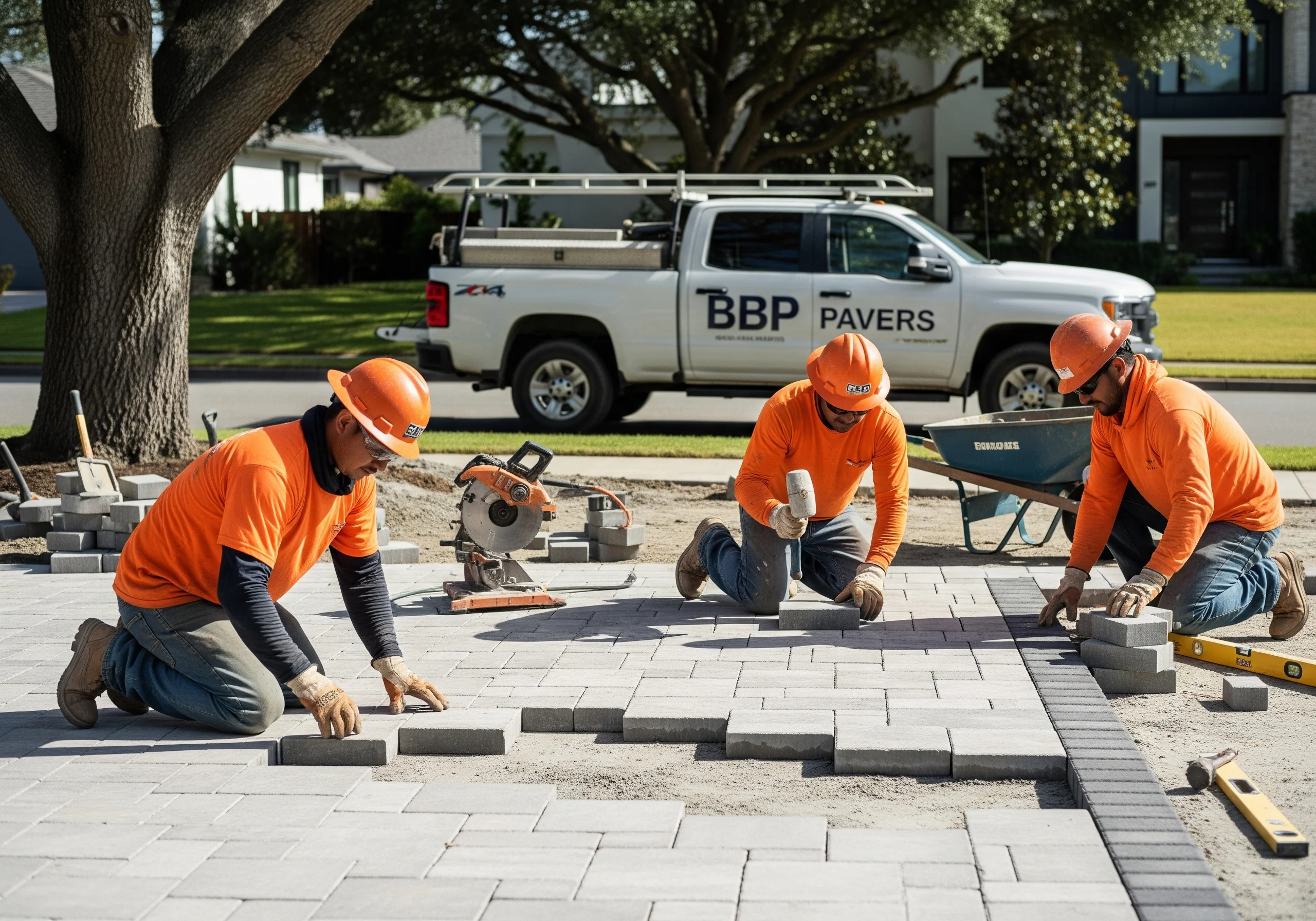 BBP Pavers team performing driveway pavers installation Concord CA with company truck and professional equipment on residential project