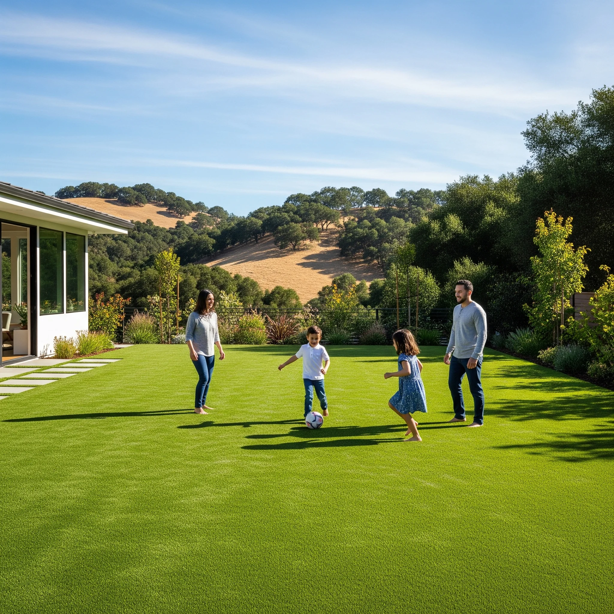 Professional artificial turf installation Walnut Creek completed project showing lush synthetic grass lawn in residential backyard