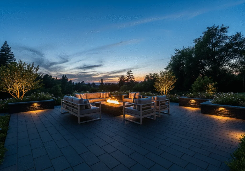Luxurious patio with linear geometric patterns for paver designs.