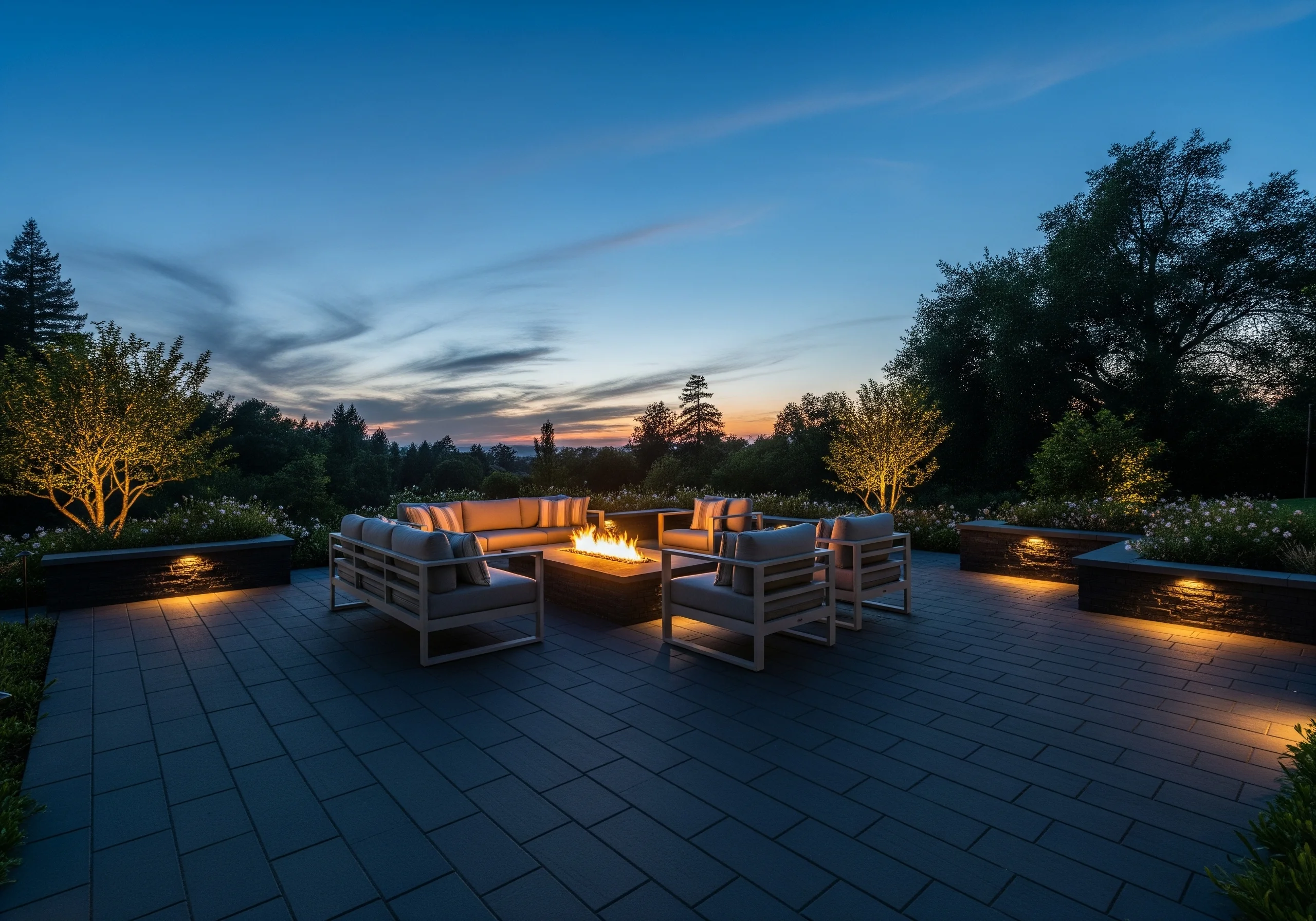 Luxurious patio with linear geometric patterns for paver designs.