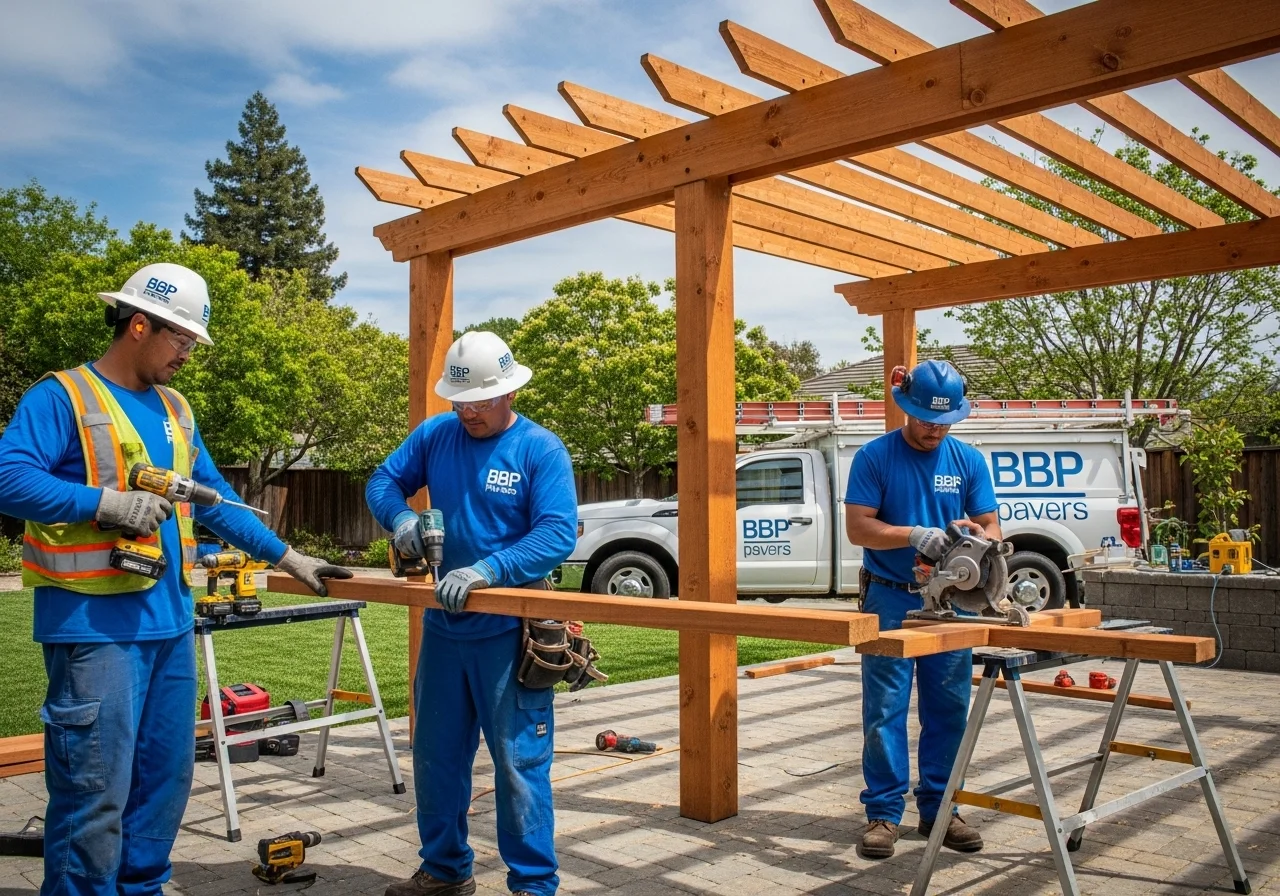 BBP Pavers professional team performing pergola installation Walnut Creek with construction equipment and safety gear